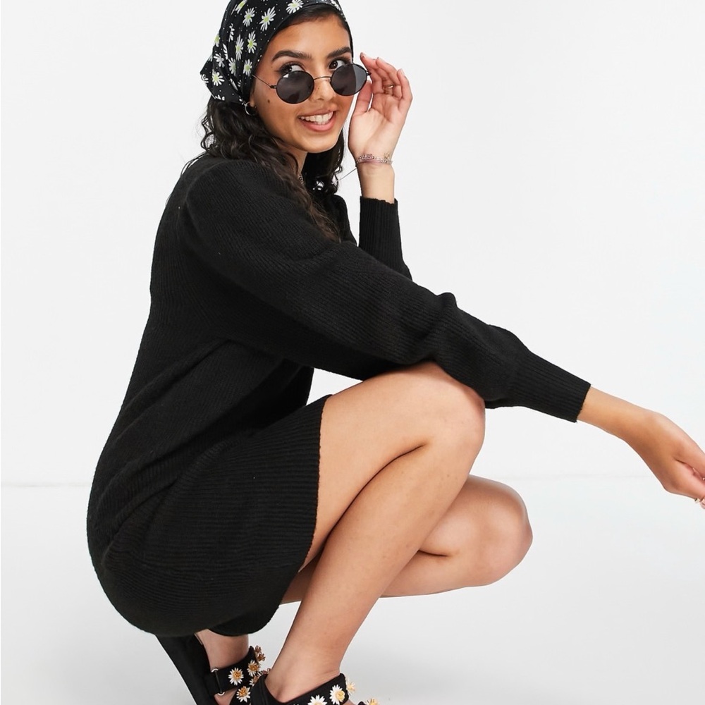 Miss Selfridge crew neck puff sleeve knit mini dress in black